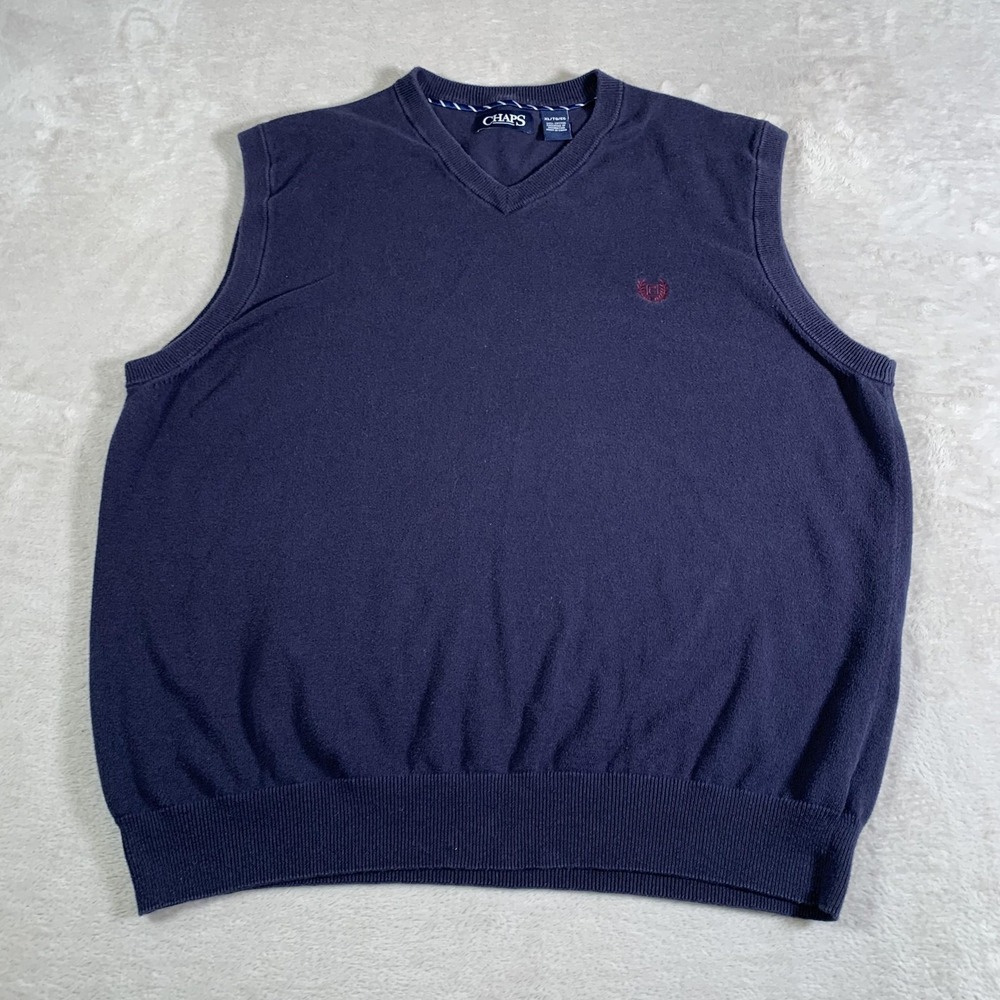 Chaps Sweater Vest Mens XL Navy Blue Pullover V Neck Embroidered Crest‎ Classic